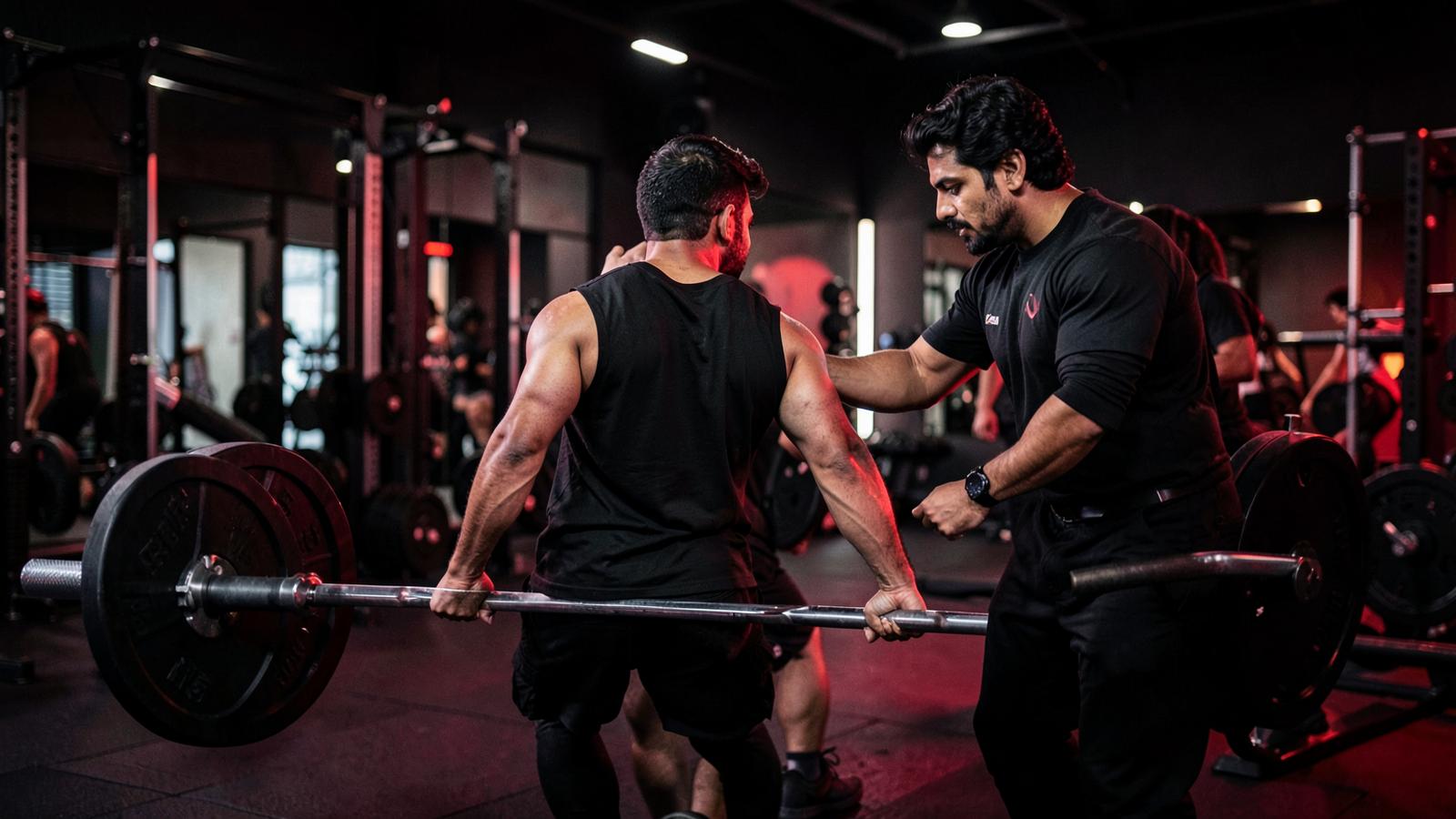 Coach guiding barbell form at The Fitness Studio
